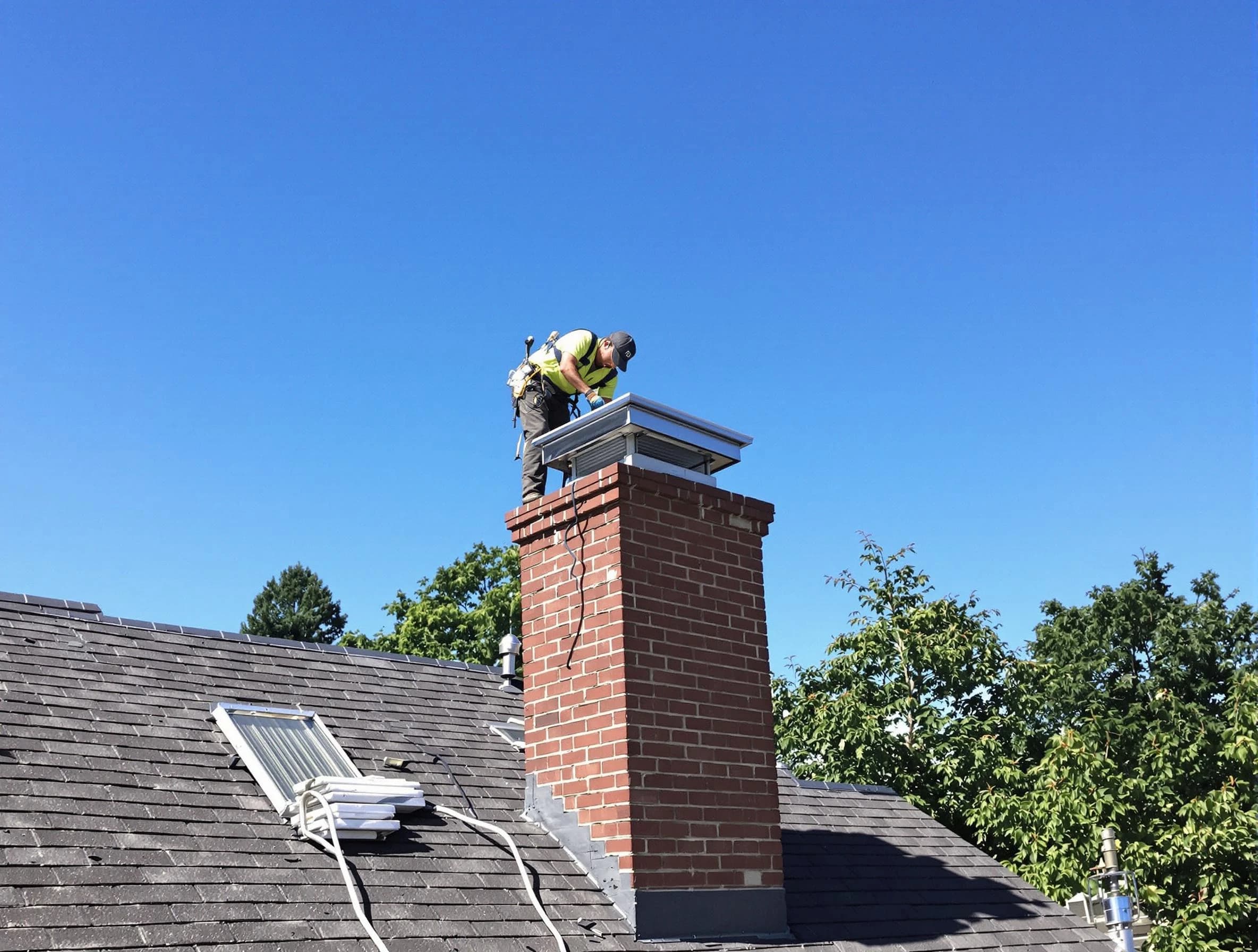 Nichols Hills Chimney Sweep technician measuring a chimney cap in Nichols Hills, OK