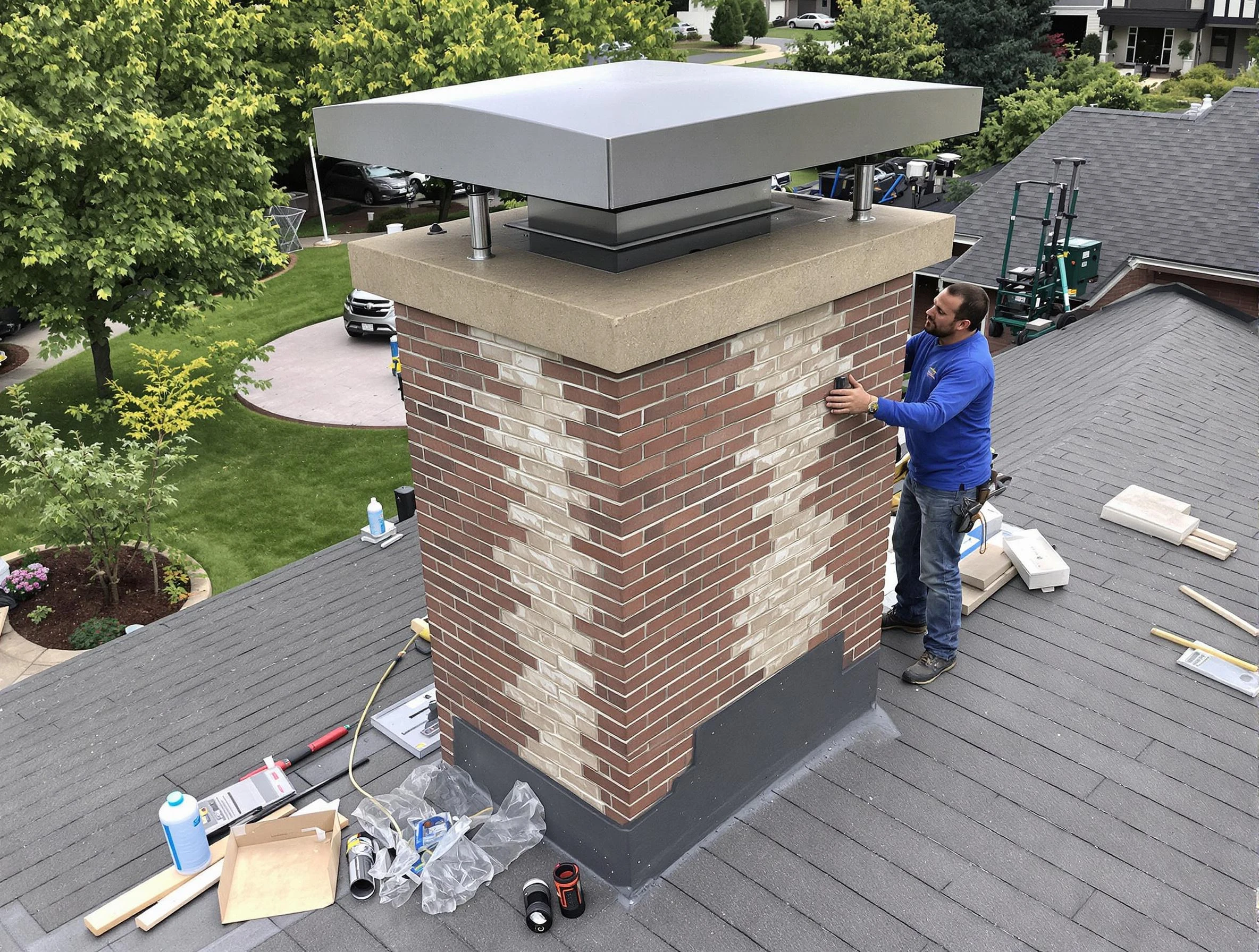 Nichols Hills Chimney Sweep team working on a custom chimney remodel in Nichols Hills, OK